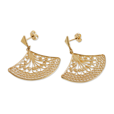 Gold plated sterling silver filigree dangle earrings, 'Andean Fans' - Fan-Shaped Gold Plated Sterling Silver Filigree Earrings
