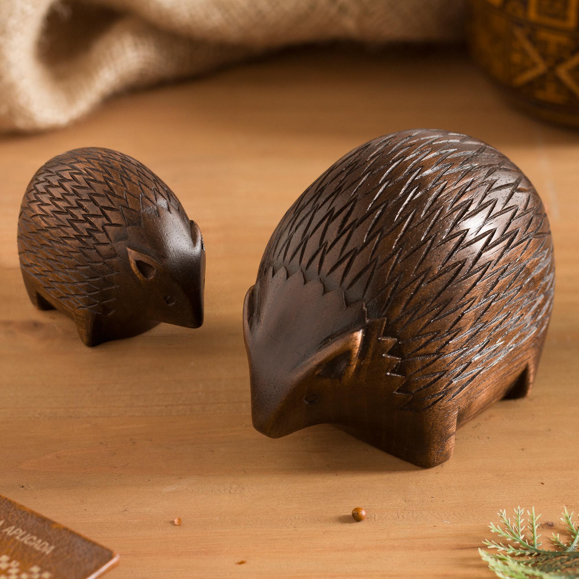 Cedar Wood Hedgehog Figurines from Peru (Pair) Mother Hedgehog NOVICA