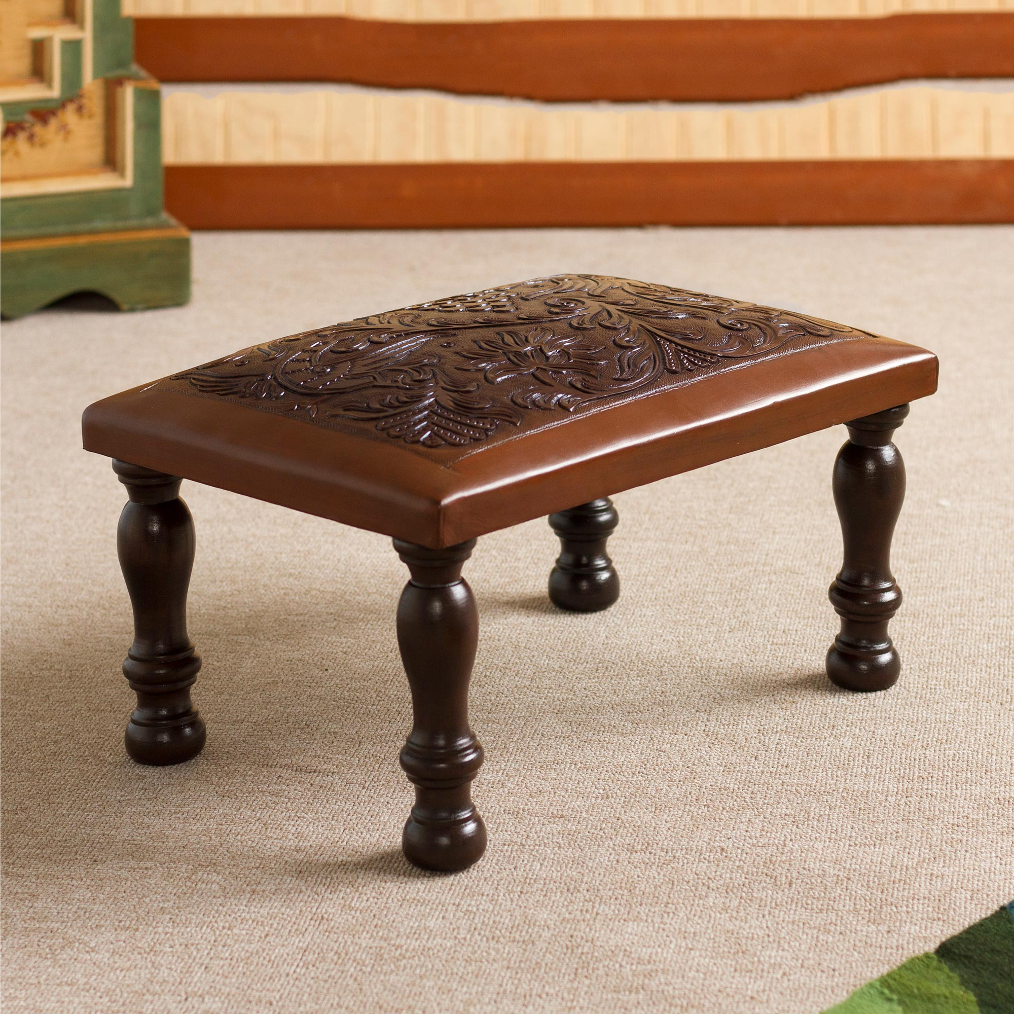 Nature Inspired Leather And Wood Ottoman From Peru World Of