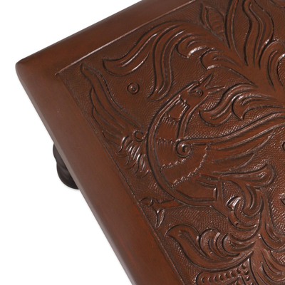 Leather and wood ottoman, 'World of Nature' - Nature-Inspired Leather and Wood Ottoman from Peru