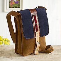 Leather accented suede messenger bag, 'Stylish Adventure in Indigo' - Sepia and Indigo Leather Accented Suede Messenger Bag