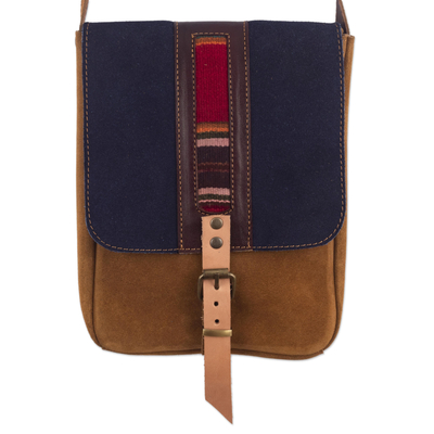 Leather accented suede messenger bag, 'Stylish Adventure in Indigo' - Sepia and Indigo Leather Accented Suede Messenger Bag