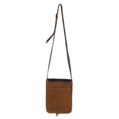 Leather accented suede messenger bag, 'Stylish Adventure in Indigo' - Sepia and Indigo Leather Accented Suede Messenger Bag
