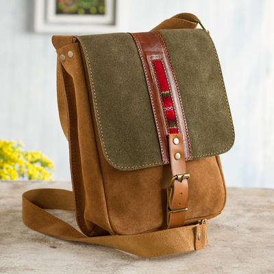 Leather accented suede messenger bag, 'Stylish Adventure in Olive' - Sepia and Olive Leather Accented Suede Messenger Bag