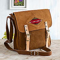 Suede messenger bag, 'Sepia Business' - Wool Accented Suede Messenger Bag in Sepia from Peru