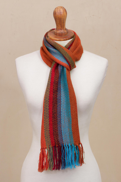 100% alpaca scarf, 'Sky Flame' - Scarlet and Multi-Color Stripe Handwoven 100% Alpaca Scarf