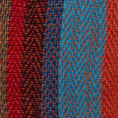 schal aus 100 % Alpaka - Scharlachroter und mehrfarbig gestreifter handgewebter Schal aus 100 % Alpaka
