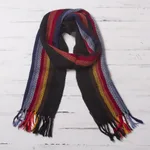 100% alpaca scarf, 'Mountain Evening' - Black with Colorful Stripes Handwoven 100% Alpaca Scarf