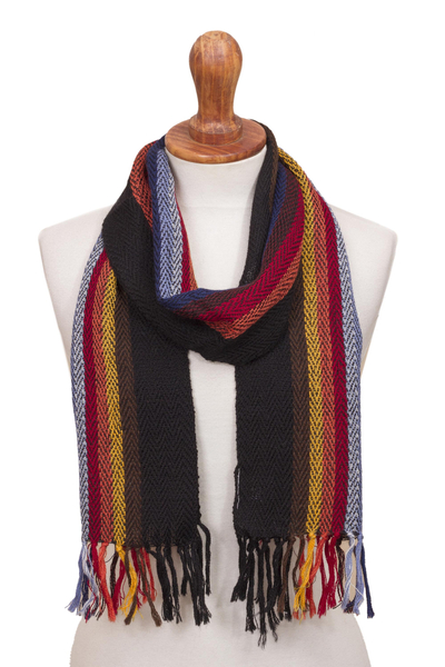 100% alpaca scarf, 'Mountain Evening' - Black with Colorful Stripes Handwoven 100% Alpaca Scarf