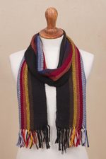 100% alpaca scarf, 'Mountain Evening' - Black with Colorful Stripes Handwoven 100% Alpaca Scarf