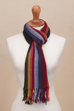 100% alpaca scarf, 'Mountain Evening' - Black with Colorful Stripes Handwoven 100% Alpaca Scarf