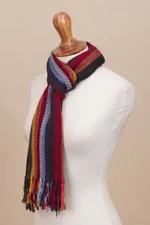 100% alpaca scarf, 'Mountain Evening' - Black with Colorful Stripes Handwoven 100% Alpaca Scarf