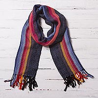 Soft Black with Colorful Stripes Handwoven 100% Alpaca Scarf,'Rugged Rainbow'
