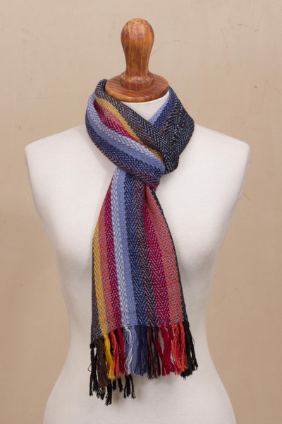 100% alpaca scarf, 'Rugged Rainbow' - Soft Black with Colorful Stripes Handwoven 100% Alpaca Scarf