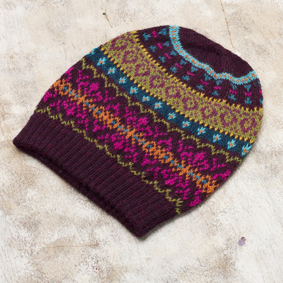 100% alpaca knit hat, 'Colorful Carousel' - Multi-Color 100% Alpaca Knit Hat with Rows of Varying Motifs