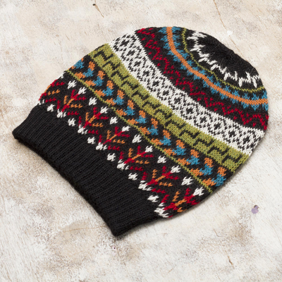 100% alpaca knit hat, 'Motif Medley' - Multi-Color 100% Alpaca Knit Hat with Geometric Motifs