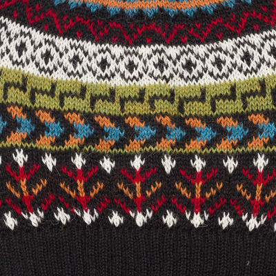 100% alpaca knit hat, 'Motif Medley' - Multi-Color 100% Alpaca Knit Hat with Geometric Motifs