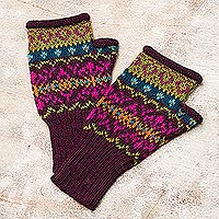 Multi-Color Multi-Motif 100% Alpaca Knit Fingerless Mitts,'Colorful Carousel'