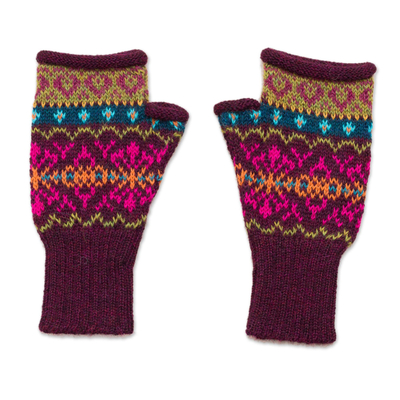 Multi-Color Multi-Motif 100% Alpaca Knit Fingerless Mitts