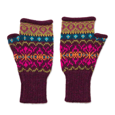 100% alpaca fingerless mitts, 'Colorful Carousel' - Multi-Color Multi-Motif 100% Alpaca Knit Fingerless Mitts