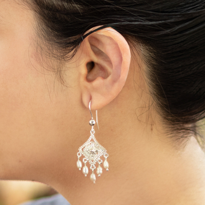 Cultured pearl chandelier earrings, 'Colonial Romance' - Colonial Cultured Pearl Chandelier Earrings from Peru
