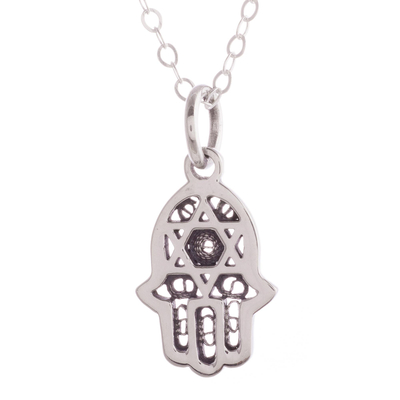 Sterling silver filigree pendant necklace, 'Serene Safety' - Sterling Silver Open Hand and Star of David Pendant Necklace