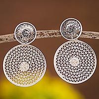 Sterling silver filigree dangle earrings, 'Seeing Double' - Double Circle with Filigree Sterling Silver Dangle Earrings