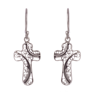 Sterling silver filigree dangle earrings, 'Fancy Cross' - Cross Motif with Filigree Sterling Silver Dangle Earrings