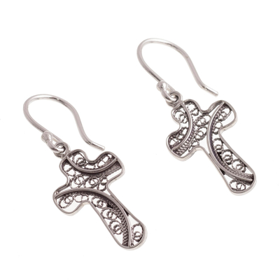 Sterling silver filigree dangle earrings, 'Fancy Cross' - Cross Motif with Filigree Sterling Silver Dangle Earrings