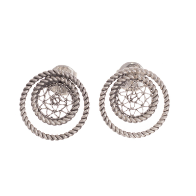 Sterling silver filigree button earrings, 'Sensational Circles' - Rope Motif and Filigree Sterling Silver Button Earrings