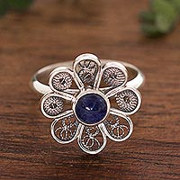 Sodalite cocktail ring, 'Blue Daisy' - Sodalite and Sterling Silver Filigree Flower Cocktail Ring