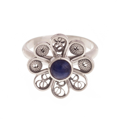 Sodalite and Sterling Silver Filigree Flower Cocktail Ring