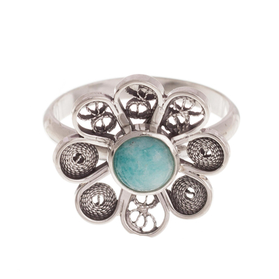 Amazonite cocktail ring, 'Aqua Daisy' - Amazonite and Sterling Silver Filigree Flower Cocktail Ring