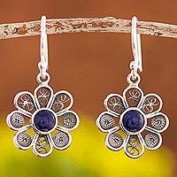 Sodalite filigree dangle earrings, 'Blue Daisy' - Sodalite and Sterling Silver Filigree Flower Dangle Earrings