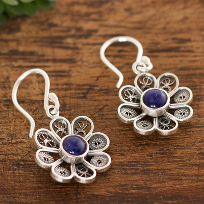 Sodalite filigree dangle earrings, 'Blue Daisy' - Sodalite and Sterling Silver Filigree Flower Dangle Earrings