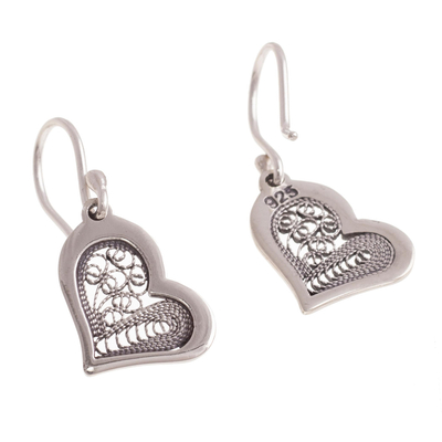 Sterling silver filigree dangle earrings, 'Fancy Hearts' - Heart Motif with Filigree Sterling Silver Dangle Earrings