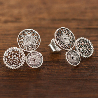 Sterling silver filigree drop earrings, 'Colonial Circles' - Circle Pattern Sterling Silver Filigree Drop Earrings