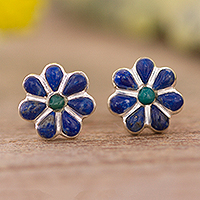 Lapis lazuli and chrysocolla stud earrings, 'Children of Nature' - Floral Lapis Lazuli and Chrysocolla Stud Earrings from Peru