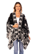 Reversible alpaca blend ruana, 'Inca Garden in Black' - Reversible Alpaca Blend Ruana in Black and White from Peru
