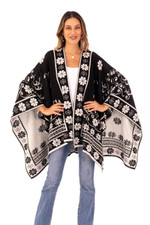 Reversible alpaca blend ruana, 'Inca Garden in Black' - Reversible Alpaca Blend Ruana in Black and White from Peru