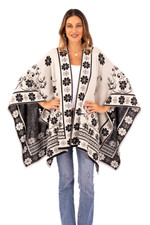 Reversible alpaca blend ruana, 'Inca Garden in Black' - Reversible Alpaca Blend Ruana in Black and White from Peru