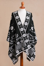 Reversible alpaca blend ruana, 'Inca Garden in Black' - Reversible Alpaca Blend Ruana in Black and White from Peru