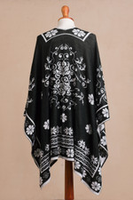 Reversible alpaca blend ruana, 'Inca Garden in Black' - Reversible Alpaca Blend Ruana in Black and White from Peru
