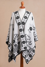 Reversible alpaca blend ruana, 'Inca Garden in Black' - Reversible Alpaca Blend Ruana in Black and White from Peru