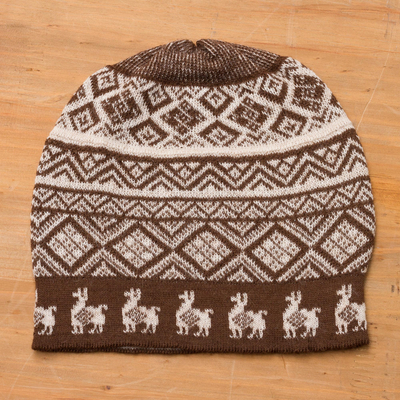 Alpaca blend knit hat, 'Alpaca Parade in Brown' - Chestnut Brown and Ivory Diamond Motif Alpaca Blend Knit Hat