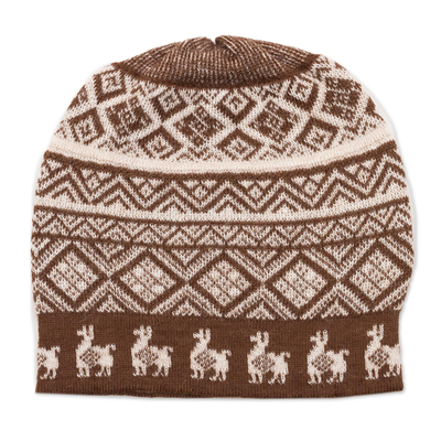 Chestnut Brown and Ivory Diamond Motif Alpaca Blend Knit Hat