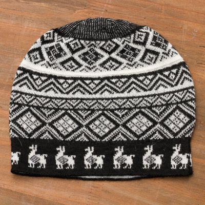 Alpaca blend knit hat, 'Alpaca Parade in Black' - Black and White Diamond Motif Alpaca Blend Knit Hat