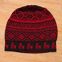 Alpaca blend knit hat, 'Alpaca Parade in Red' - Black and Crimson Red Diamond Motif Alpaca Blend Knit Hat