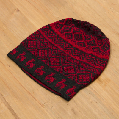 Alpaca blend knit hat, 'Alpaca Parade in Red' - Black and Crimson Red Diamond Motif Alpaca Blend Knit Hat