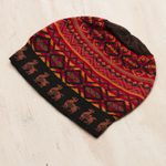 Alpaca blend knit hat, 'Alpaca Sunset' - Black Red and Orange Diamond Motif Alpaca Blend Knit Hat